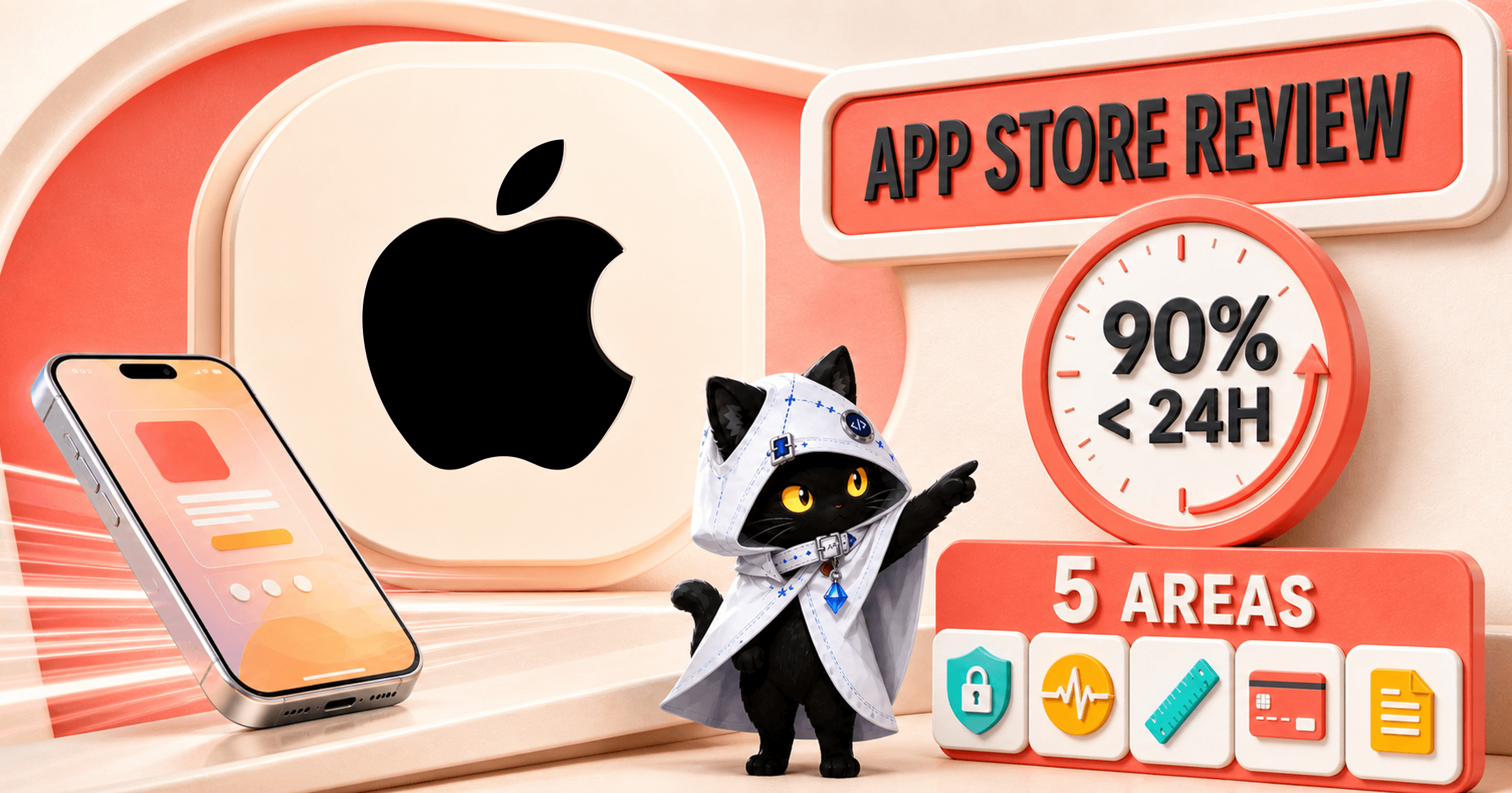 大きなApple公式マークを中心に、白いフードの黒猫、App Store審査の5分野、提出物の90%が24時間未満という目安を示した明るい立体イラスト