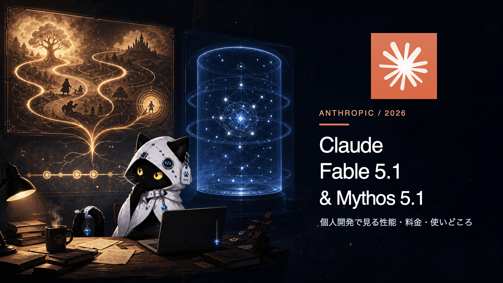 Claude公式マークと白いフードの黒猫が、物語の分岐と保護された研究空間を見比べるClaude Fable 5.1とMythos 5.1のイラスト