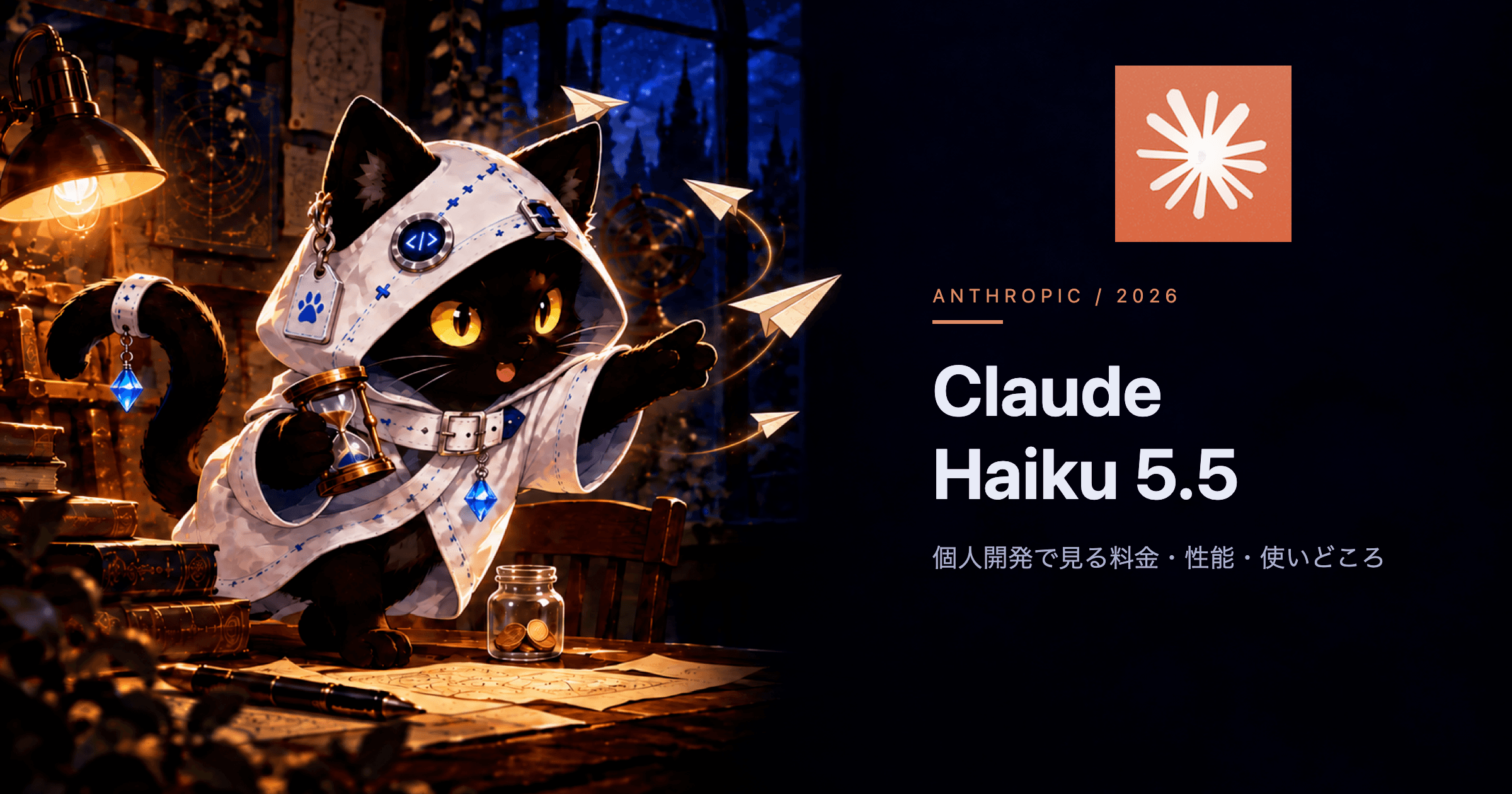 Claude公式マークと、白いフードの黒猫が砂時計を持ちながら机の上で紙飛行機を飛ばし、足元にコインの小瓶があるClaude Haiku 5.5のイラスト