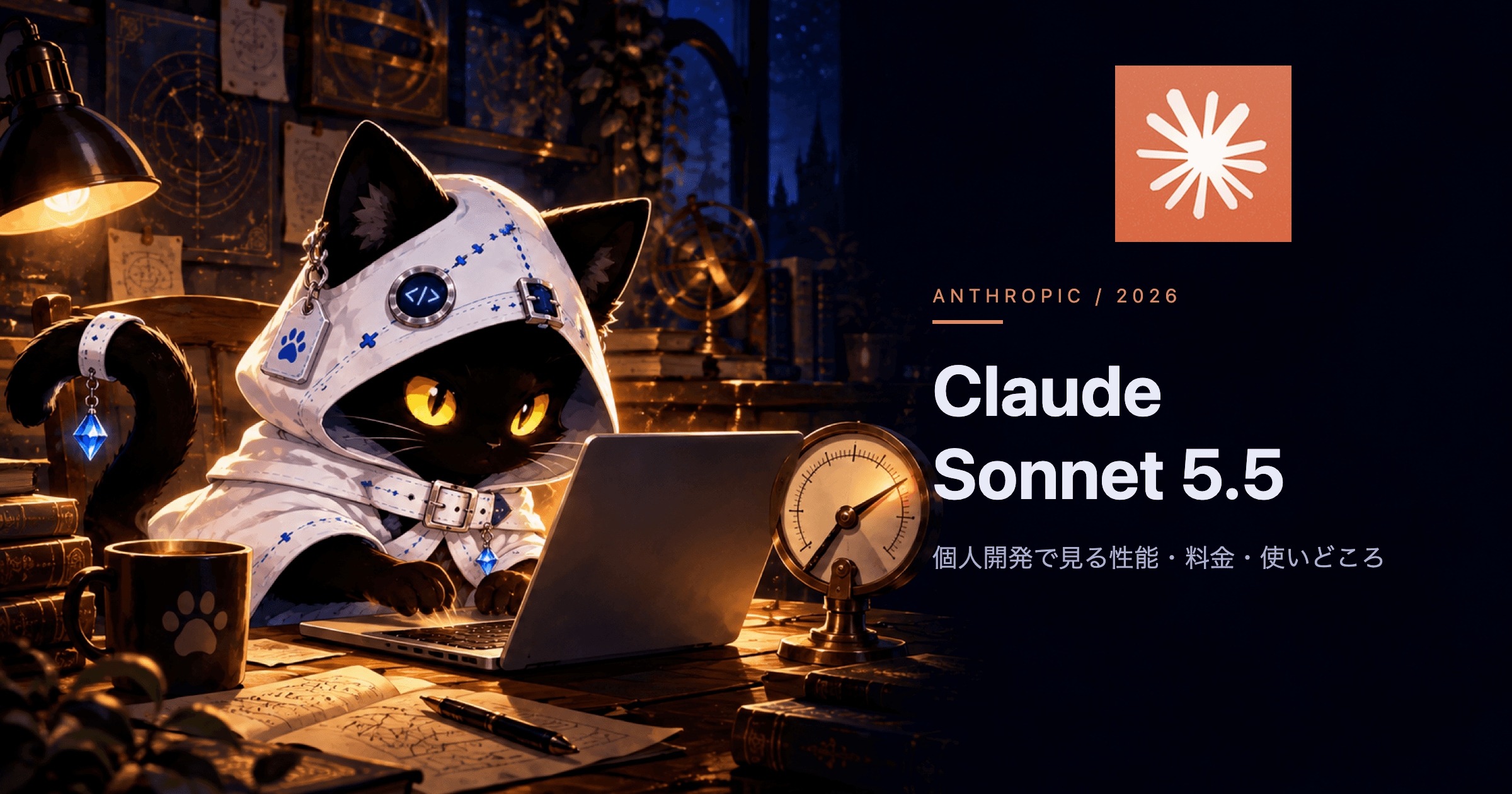 Claude公式マークと白いフードの黒猫が、ノートPCで作業しながら高い値を指す計器を横に置いたClaude Sonnet 5.5のイラスト
