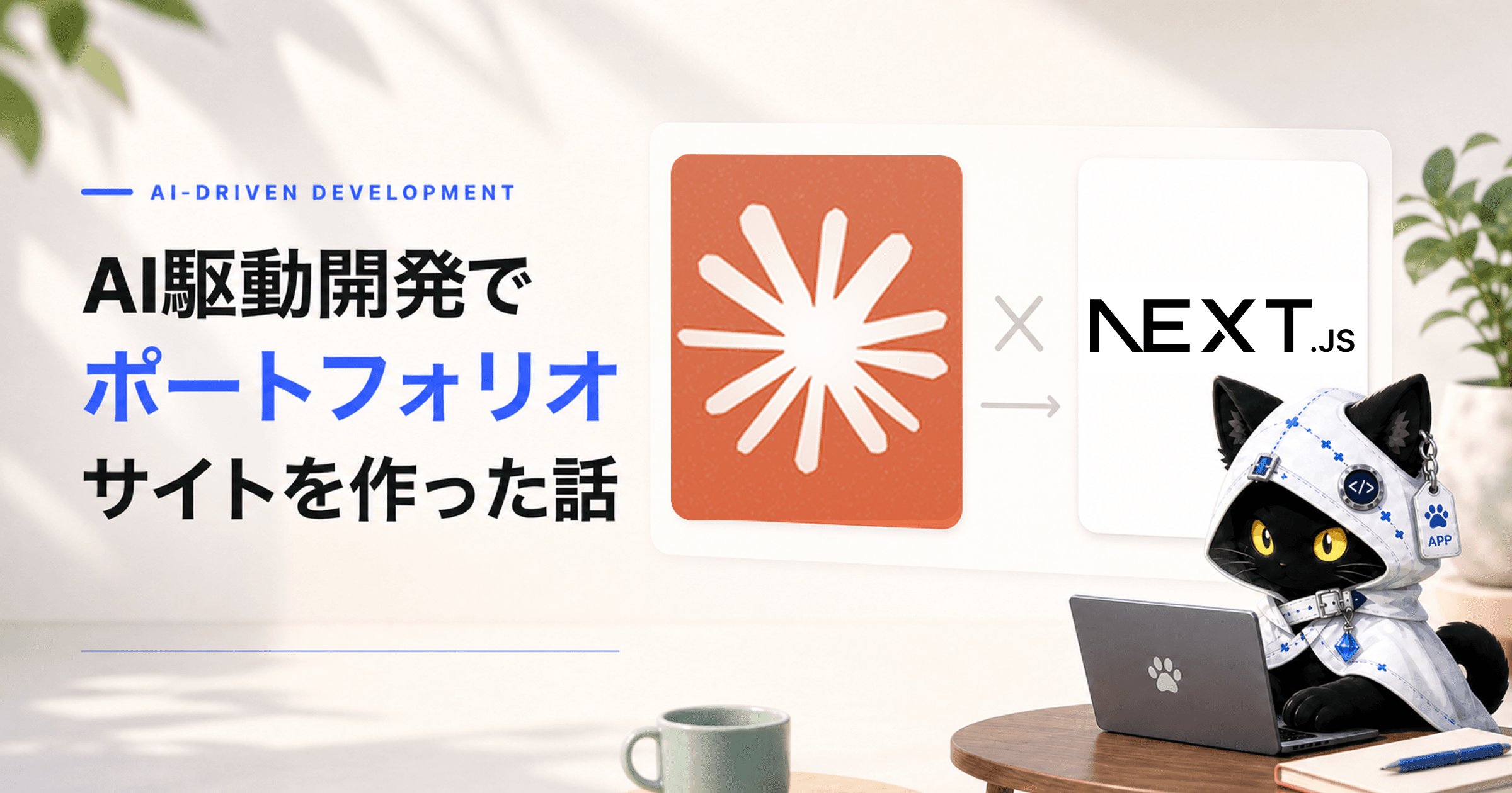 ClaudeとNext.jsの大きな公式マークを中心に、白いフードの黒猫がノートパソコンで作業する明るいAI駆動開発のアイキャッチ画像
