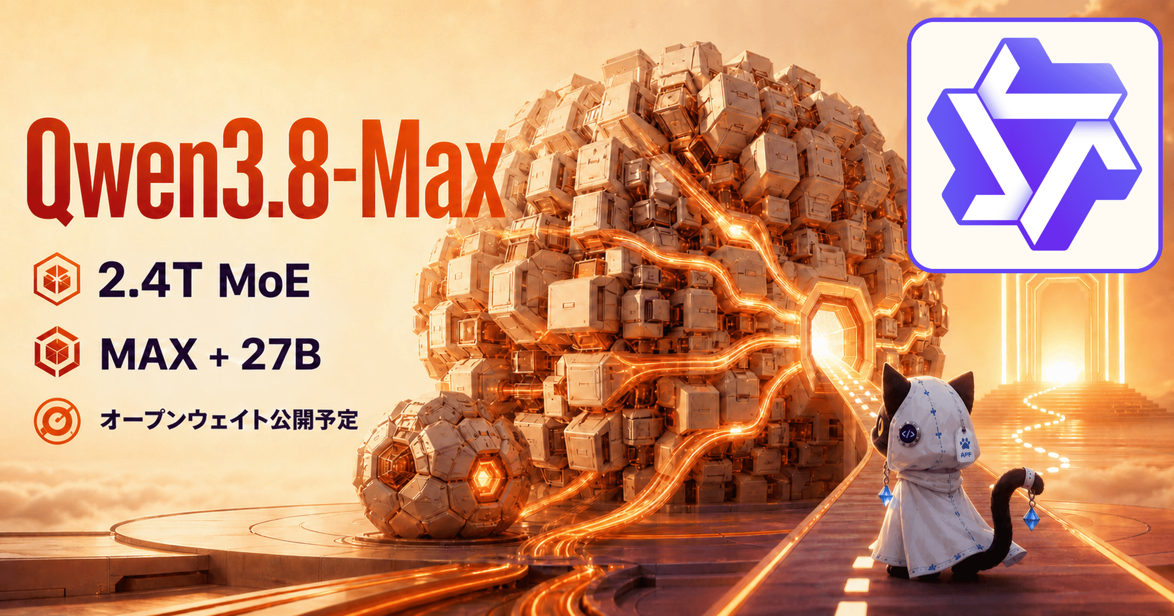 公式Qwenロゴ、巨大な2.4T MoE構造、公開ゲートを見上げる白いフードの黒猫でQwen3.8-Maxを表したイラスト