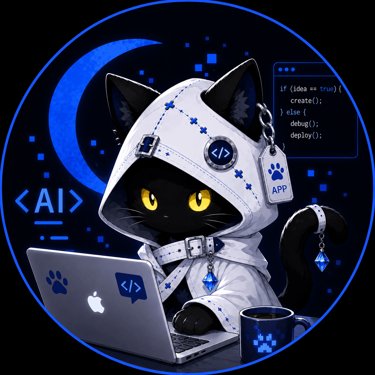 白いフーディを着てMacBookでコードを書く黒猫